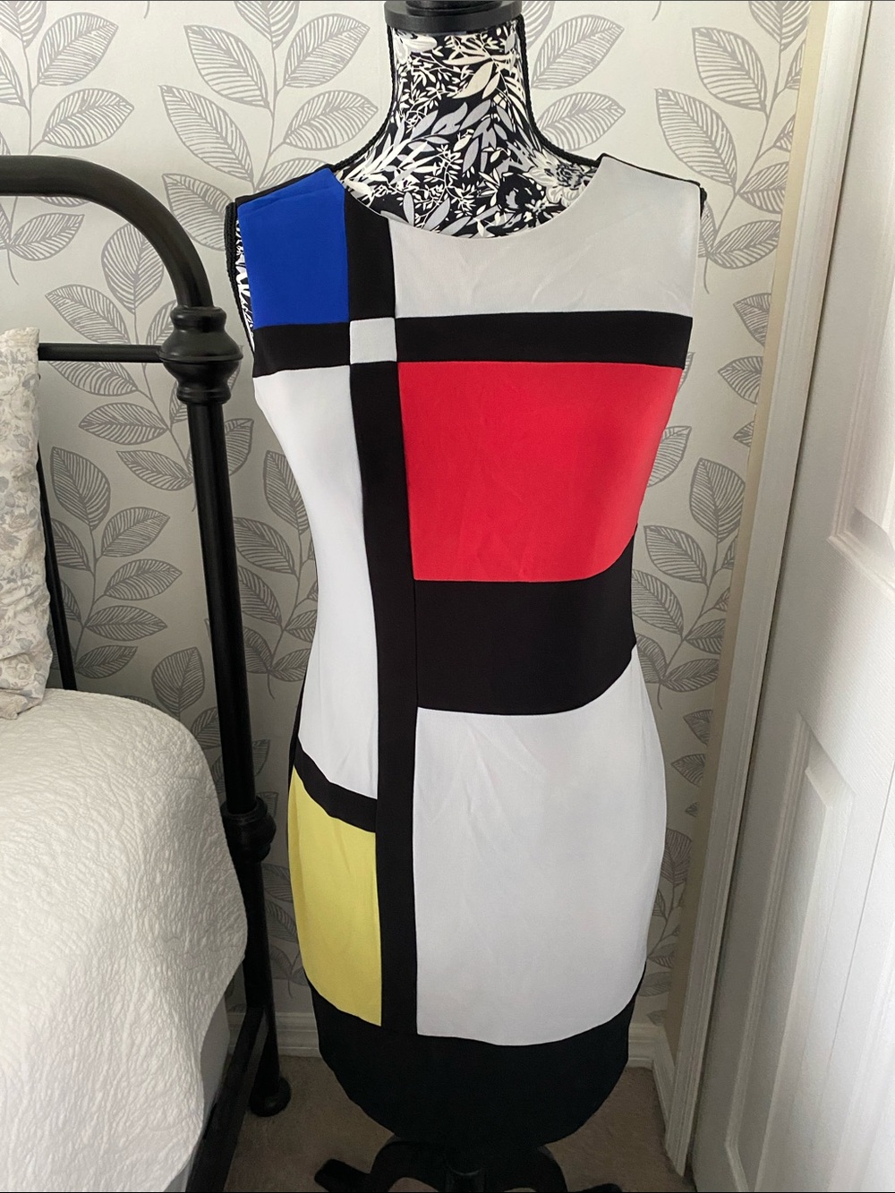 Joseph Ribkoff Colorblock Sheath Dress in Red, Blue, Yellow, Black, & Gray